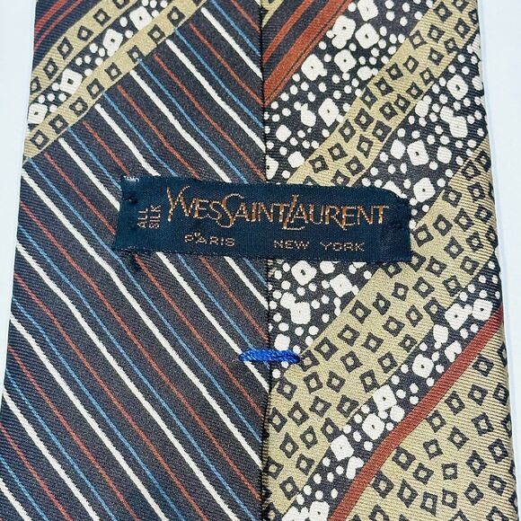 VINTAGE Yves Saint Laurent YSL Brown Tan Multi Pattern Satin Silk Necktie Tie - Picture 4 of 7